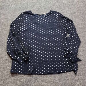 Pink Blush Polka Dot Blouse Womens L Navy Blue White Long Sleeve Tie Cuff Top
